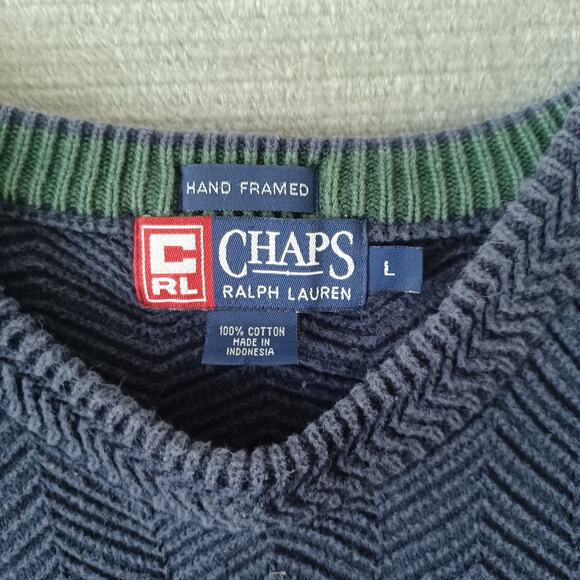 VTG Chaps Ralph Lauren Sweater Mens L Blue Heavy Knit Hand Framed 90s Fisherman - Picture 3 of 9